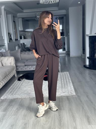 Kahverengi  Oversize Bisiklet Yaka Sweatshirt Pantolon Kadın Alt Üst Takım