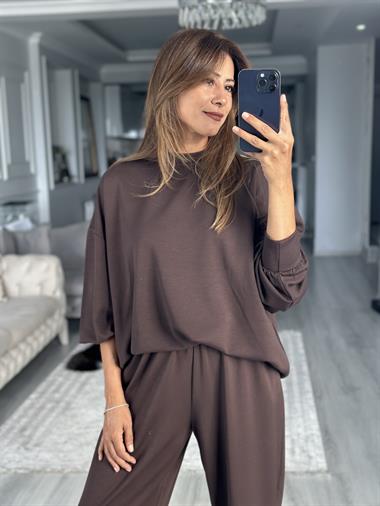 Kahverengi  Oversize Bisiklet Yaka Sweatshirt Pantolon Kadın Alt Üst Takım