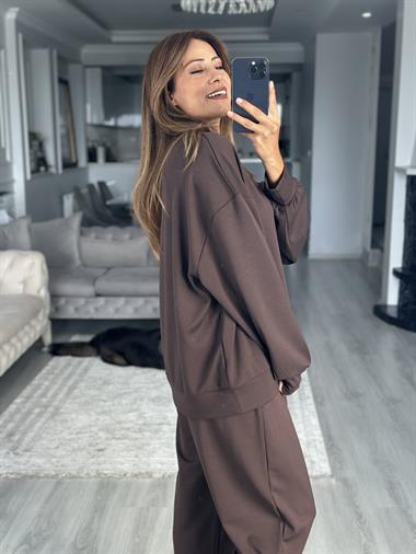 Kahverengi  Oversize Bisiklet Yaka Sweatshirt Pantolon Kadın Alt Üst Takım