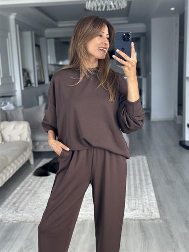 Kahverengi  Oversize Bisiklet Yaka Sweatshirt Pantolon Kadın Alt Üst Takım