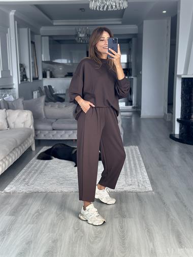 Kahverengi  Oversize Bisiklet Yaka Sweatshirt Pantolon Kadın Alt Üst Takım
