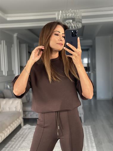 Kahverengi Oversize T-shirt Cepsiz Pantolon İnterlok Kadın İkili Takım