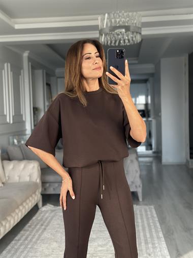 Kahverengi Oversize T-shirt Cepsiz Pantolon İnterlok Kadın İkili Takım