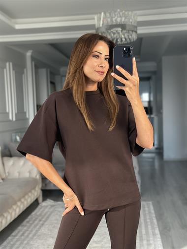 Kahverengi Oversize T-shirt Cepsiz Pantolon İnterlok Kadın İkili Takım
