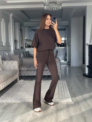 Kahverengi Oversize T-shirt Cepsiz Pantolon İnterlok Kadın İkili Takım
