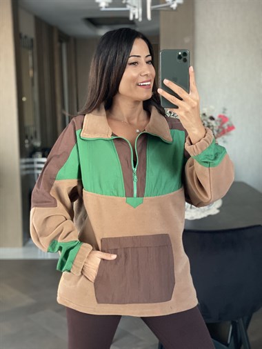 Kahverengi Polar Paraşüt Garnili Kadın Sweatshirt
