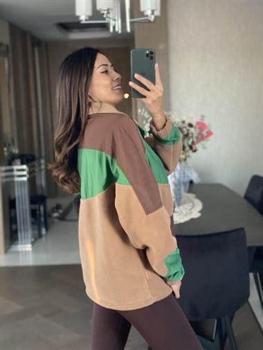 Kahverengi Polar Paraşüt Garnili Kadın Sweatshirt