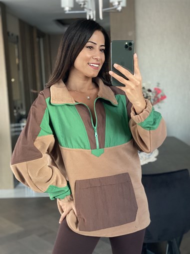 Kahverengi Polar Paraşüt Garnili Kadın Sweatshirt