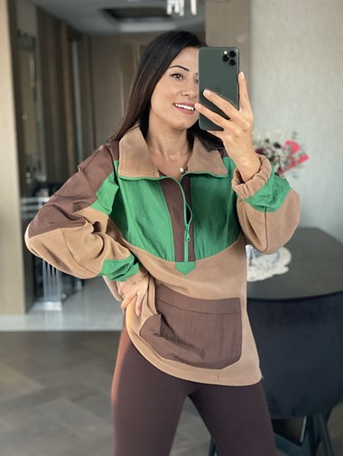 Kahverengi Polar Paraşüt Garnili Kadın Sweatshirt