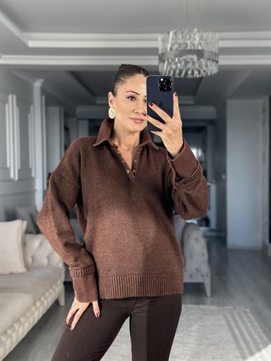 Kahverengi Polo Yaka Jean Detay Kadın Triko Kazak