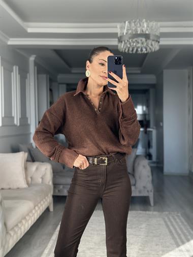 Kahverengi Polo Yaka Jean Detay Kadın Triko Kazak