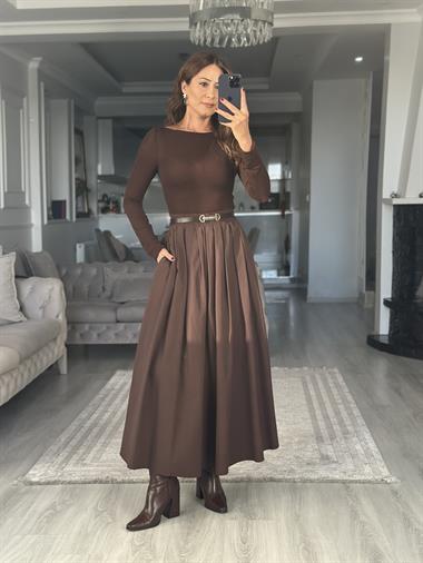 Kahverengi Poplin Kumaş Cepli Midi Boy Kadın Etek