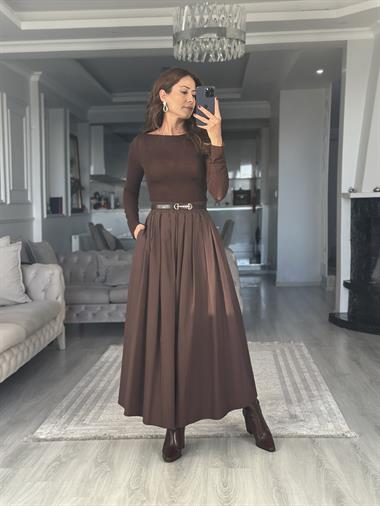 Kahverengi Poplin Kumaş Cepli Midi Boy Kadın Etek