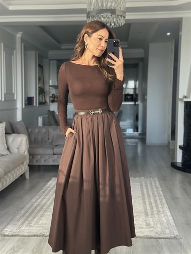 Kahverengi Poplin Kumaş Cepli Midi Boy Kadın Etek