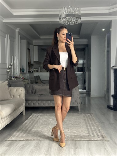 Kahverengi Premium Blazer Düğmeli Kadın Ceket
