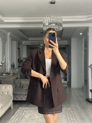 Kahverengi Premium Blazer Düğmeli Kadın Ceket