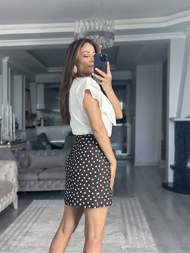 Kahverengi Puantiyeli Denim Kadın Mini Etek
