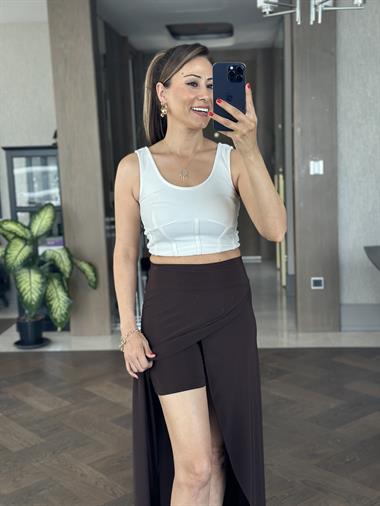 Kahverengi Sandy Kumaş Anvelop İçi Şortlu Kadın Midi Boy Etek