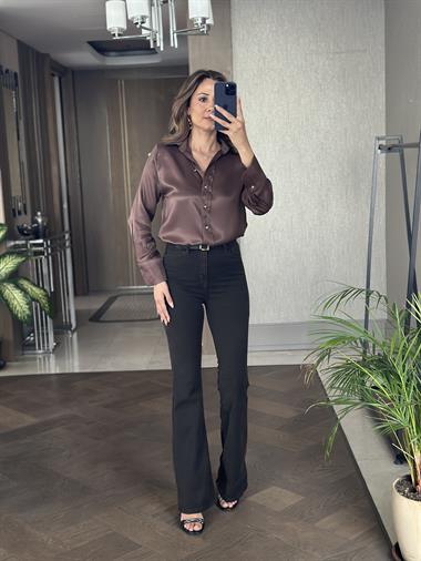 Kahverengi Saten Gold Düğmeli Uzun Kol Kadın Gömlek