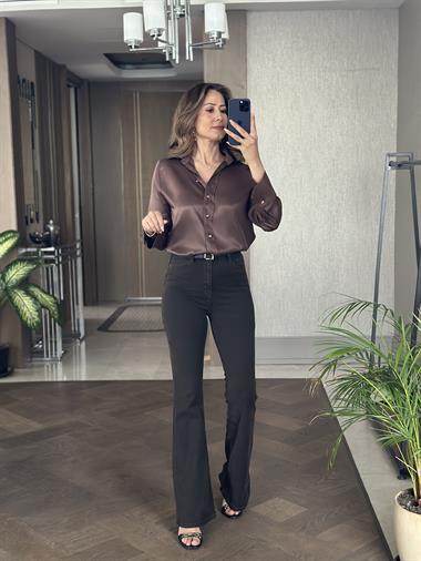 Kahverengi Saten Gold Düğmeli Uzun Kol Kadın Gömlek
