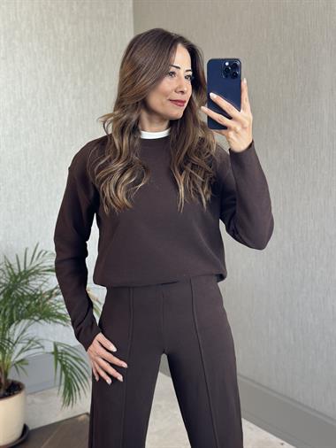 Kahverengi Selanik Eteği Ve Paçası Kesik Sweatshirt Pantolon Kadın Alt Üst Takım