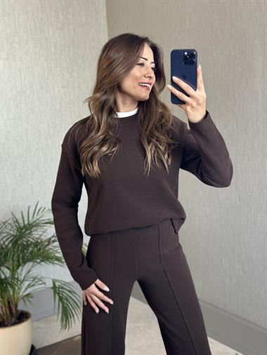 Kahverengi Selanik Eteği Ve Paçası Kesik Sweatshirt Pantolon Kadın Alt Üst Takım