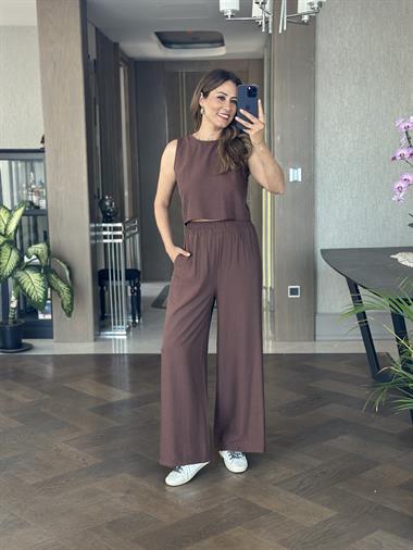 Kahverengi Sıfır Kol Arkası Bağcıklı Bluz Pantolon Kadın İkili Takım