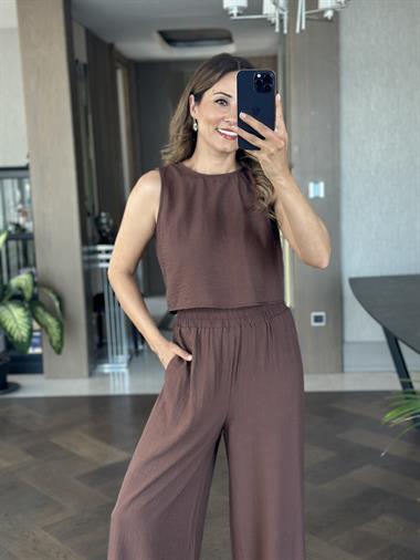 Kahverengi Sıfır Kol Arkası Bağcıklı Bluz Pantolon Kadın İkili Takım