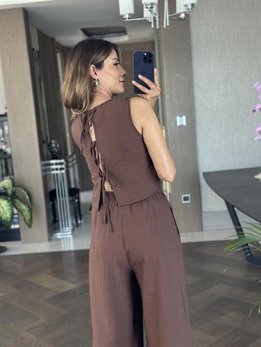 Kahverengi Sıfır Kol Arkası Bağcıklı Bluz Pantolon Kadın İkili Takım