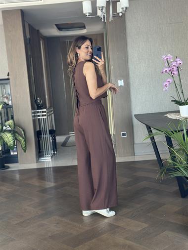 Kahverengi Sıfır Kol Arkası Bağcıklı Bluz Pantolon Kadın İkili Takım