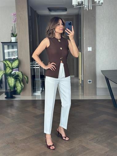 Kahverengi Sıfır Kol Güneş Serisi Ottoman Kadın Bluz