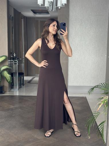 Kahverengi Sıfır Kol V Yaka Tek Yırtmaçlı Modal Kumaş Kadın Maksi Boy Elbise