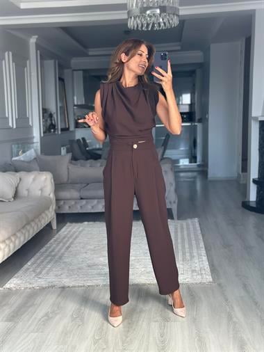 Kahverengi Sıfır Kol Vatkalı Bluz Pantolon Kadın İkili Takım 