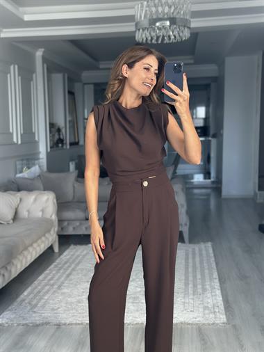 Kahverengi Sıfır Kol Vatkalı Bluz Pantolon Kadın İkili Takım 