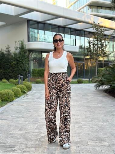 Kahverengi Siyah Leopar Desenli Beli Lastikli Cepli Kadın Pantolon