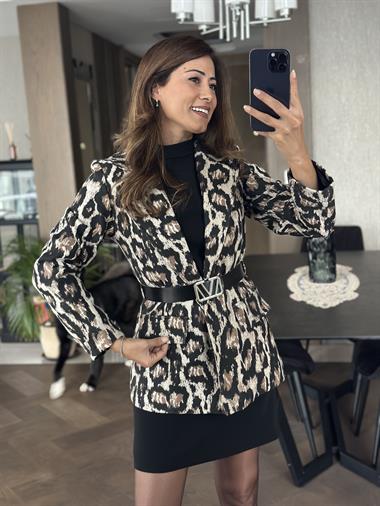 Kahverengi Siyah Leopar Desenli Kemerli Astarlı Kadın Kaşe Ceket