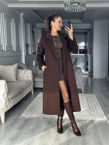 Kahverengi Soft Touch Kuşaklı Kadın Kaşe Kaban