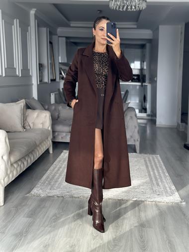 Kahverengi Soft Touch Kuşaklı Kadın Kaşe Kaban