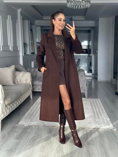 Kahverengi Soft Touch Kuşaklı Kadın Kaşe Kaban