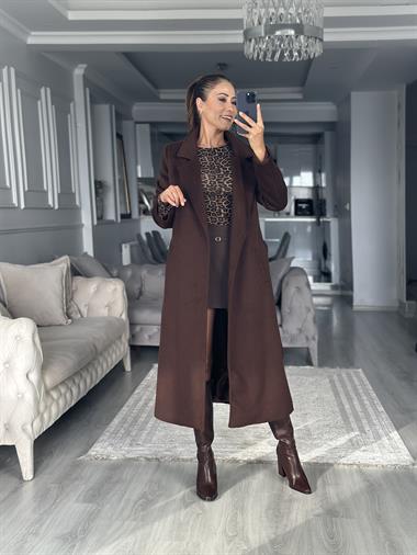 Kahverengi Soft Touch Kuşaklı Kadın Kaşe Kaban