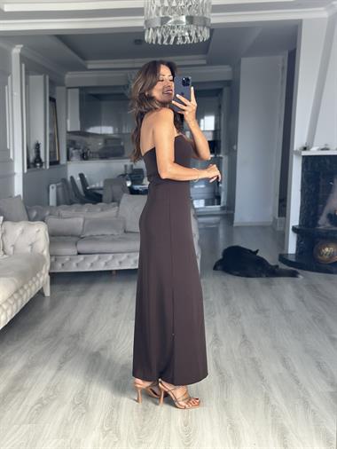 Kahverengi Straplez Sandy Midi Boy Kadın Elbise