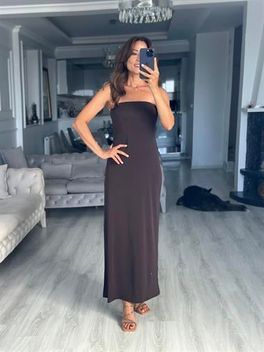 Kahverengi Straplez Sandy Midi Boy Kadın Elbise