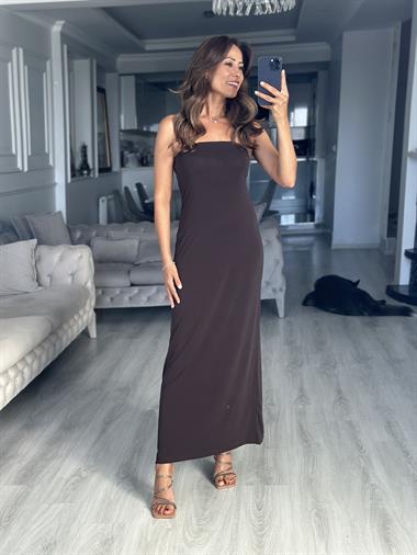 Kahverengi Straplez Sandy Midi Boy Kadın Elbise