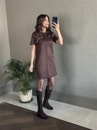 Kahverengi Süet Bisiklet Yaka Kısa Kol Kadın Mini Elbise 