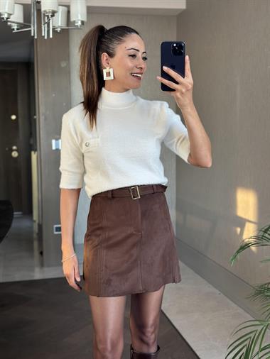 Kahverengi Karol Kemerli Kadın Süet Mini Etek