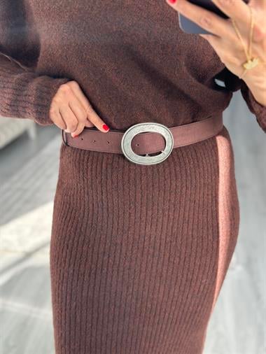 Kahverengi Süet Oval Tokalı Kadın Kemer