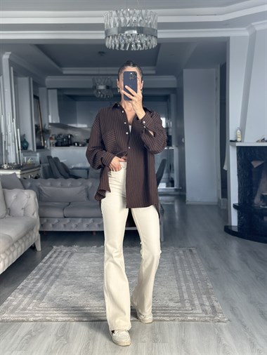 Kahverengi Tek Cepli Çizgi Detay Oversize Kadın Gömlek