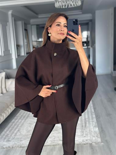 Kahverengi Tek Düğmeli Dik Yaka Kemerli Kadın Kaşe Panço