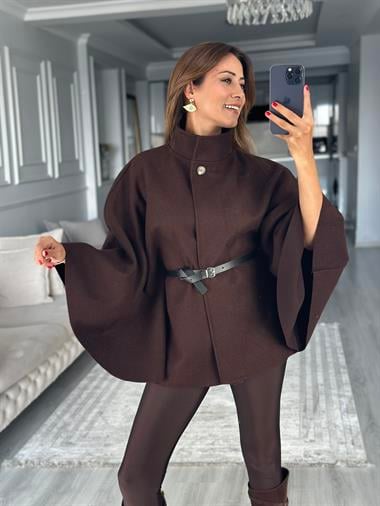 Kahverengi Tek Düğmeli Dik Yaka Kemerli Kadın Kaşe Panço