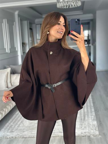 Kahverengi Tek Düğmeli Dik Yaka Kemerli Kadın Kaşe Panço